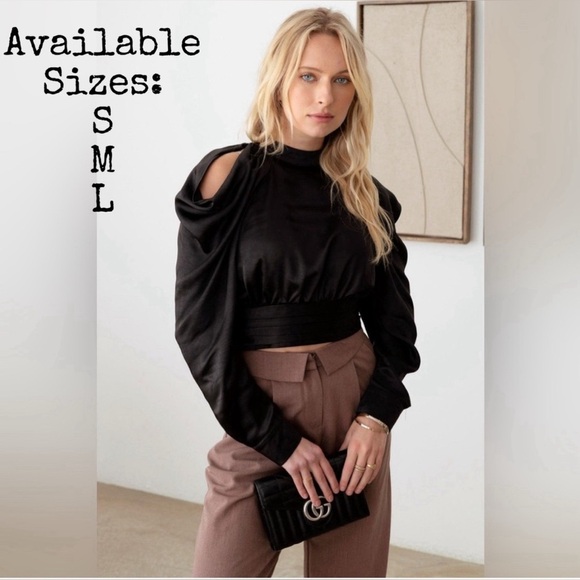 NWT-Satin Drape Sleeve Crop Cold Shoulder Top - Picture 1 of 9